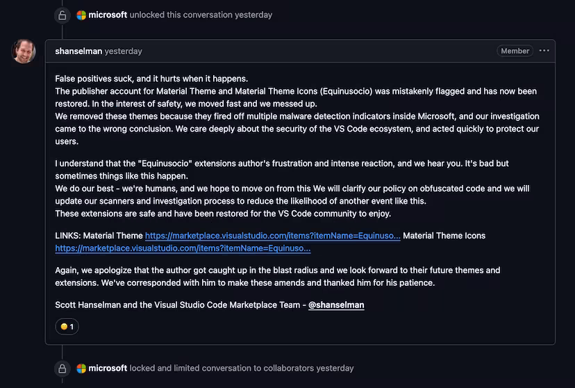 微软向开发者道歉，900万用户的 VS Code 主题插件 Material Theme 是安全的，已恢复上架 3